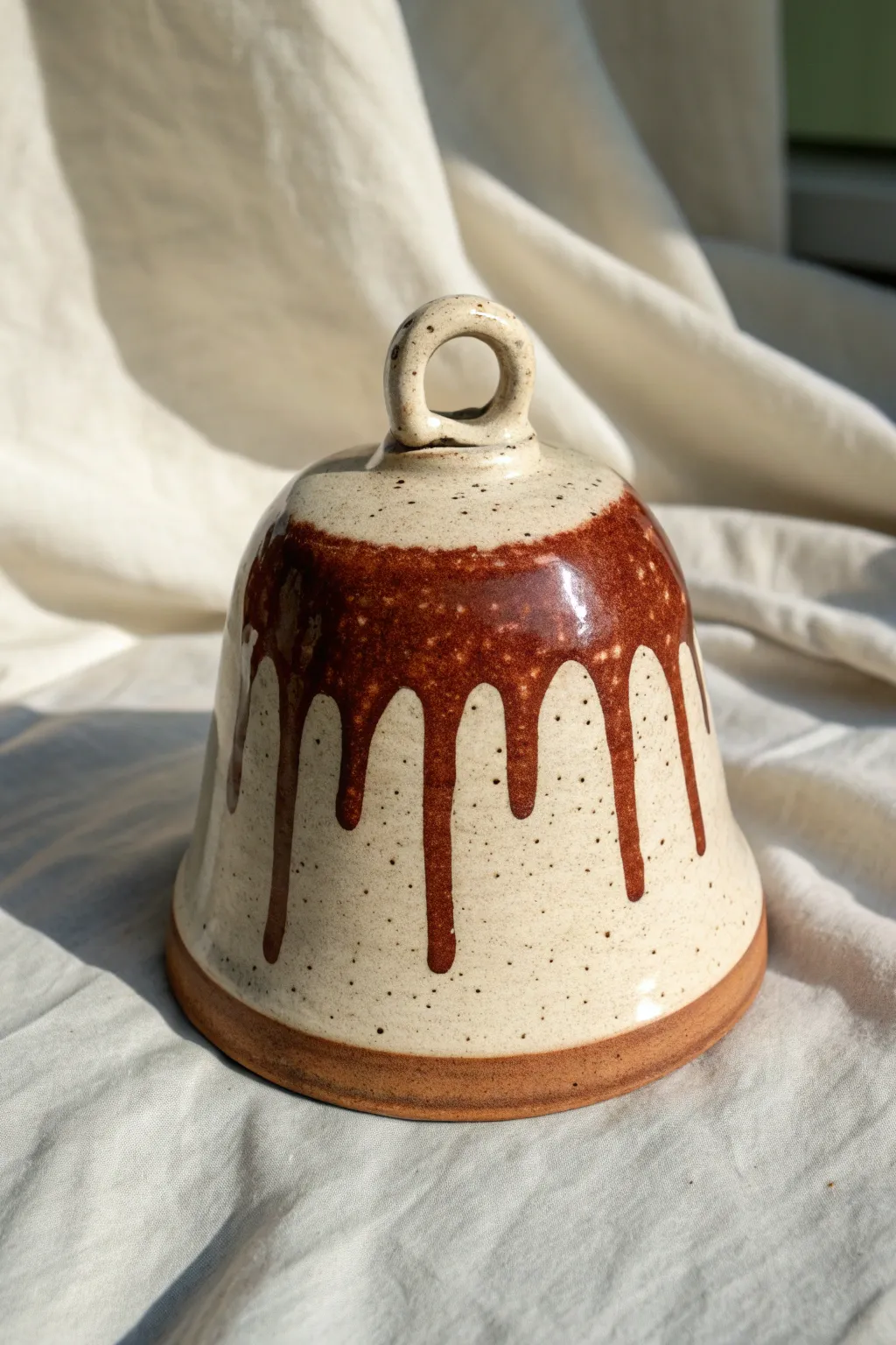 Minimal clay bell with bold glaze-drip rim, soft cream base and striking contrast