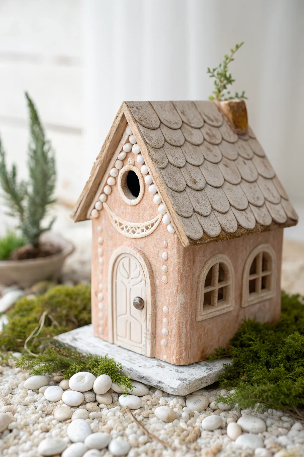 Fairy cottage clay birdhouse with a quirky roof and portal entry, styled in a calm garden nook.