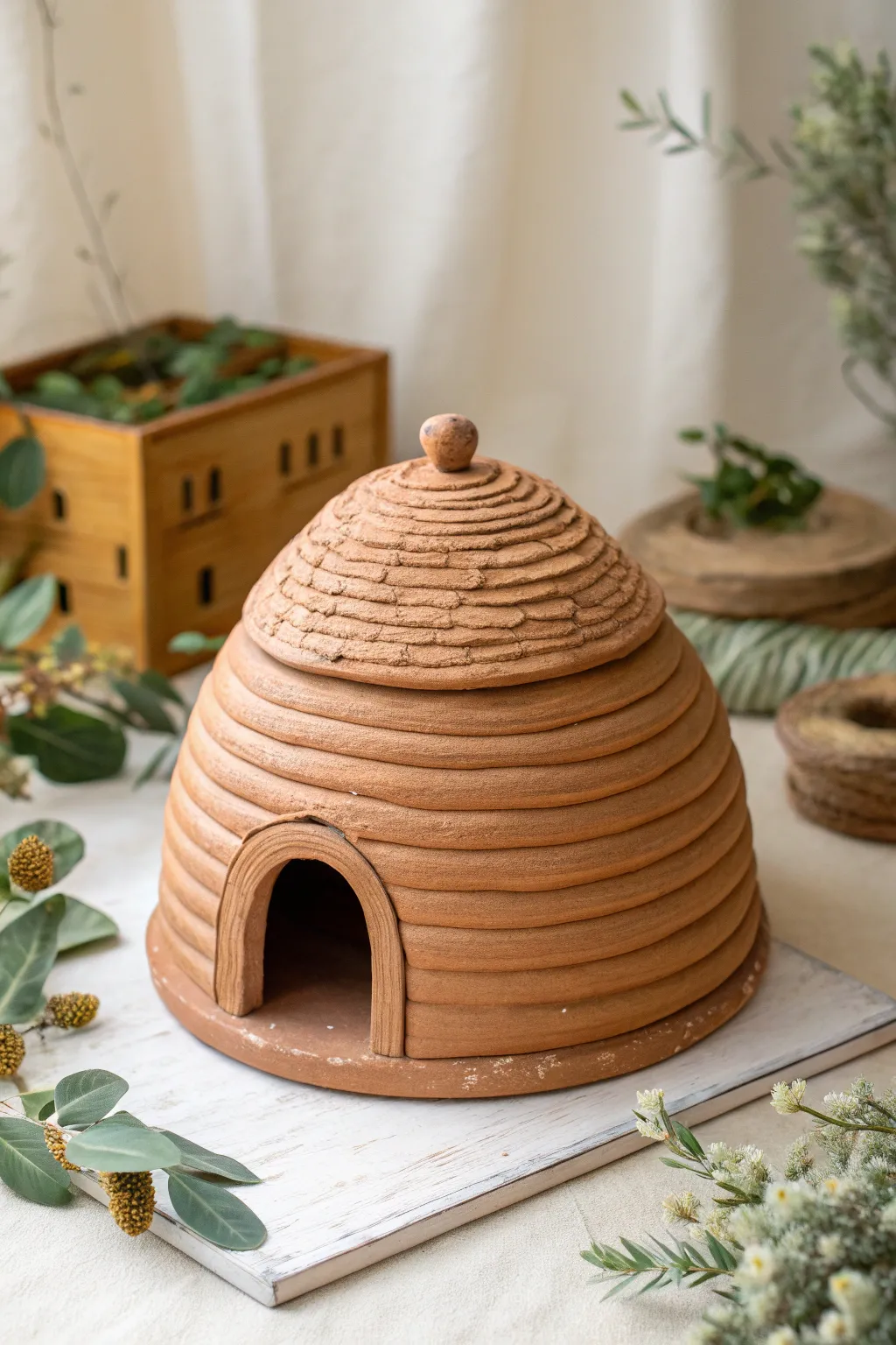 Coil-built hobbit-style clay birdhouse with cozy arch doorway, minimalist styling and soft greenery.