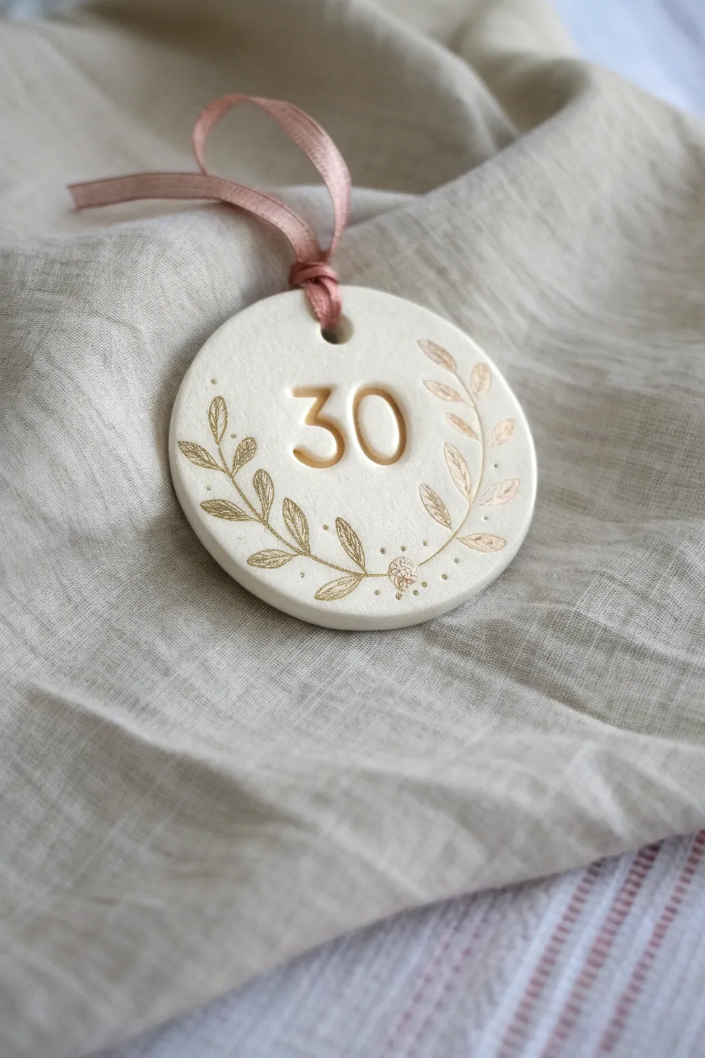 Minimal clay age ornament with raised number and gold accents, a sweet birthday keepsake.