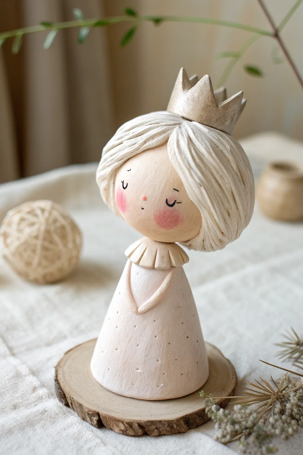 Princess clay bobblehead with big hair, tiny crown, and rosy cheeks in a clean minimalist style