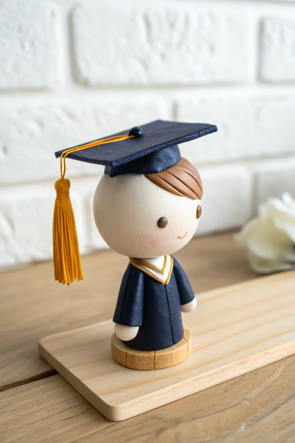 Sweet clay graduation bobblehead with simple cap and tassel, minimal boho display.