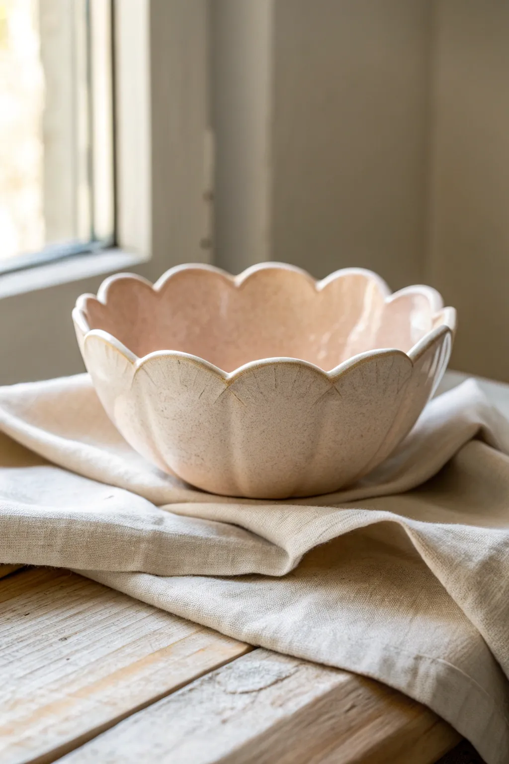 Scalloped petal rim bowl in a glossy blush glaze, minimalist and softly boho