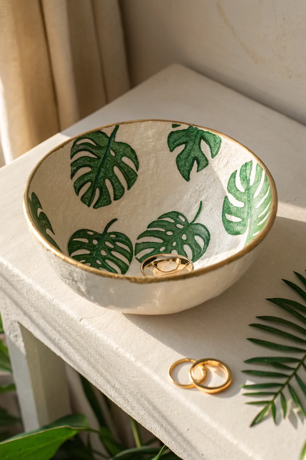 Tropical leaf painted clay bowl with a delicate gold rim, styled as a sunny jewelry catchall.