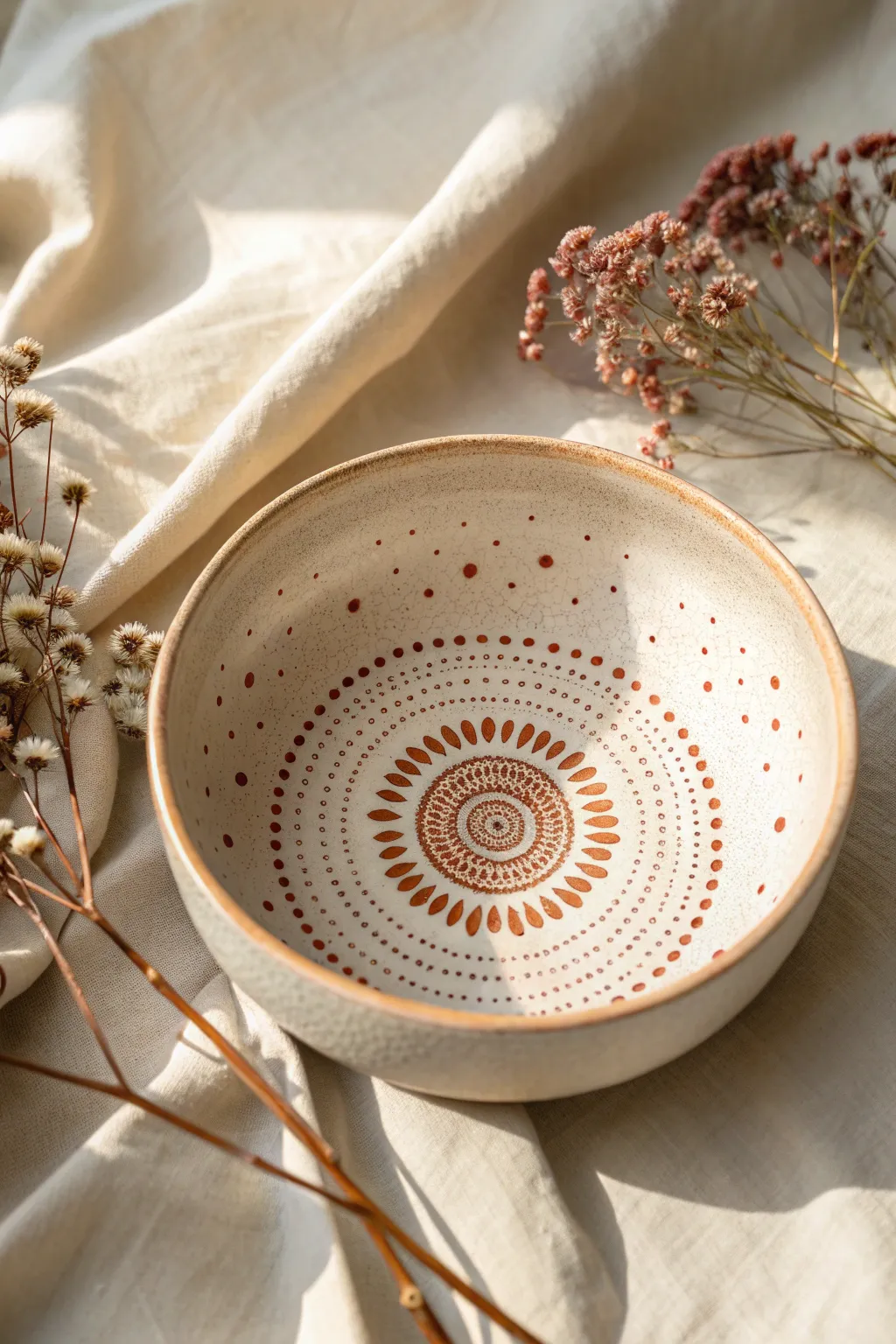 Simple mandala dot burst on a clay bowl for calming, minimalist boho table styling.