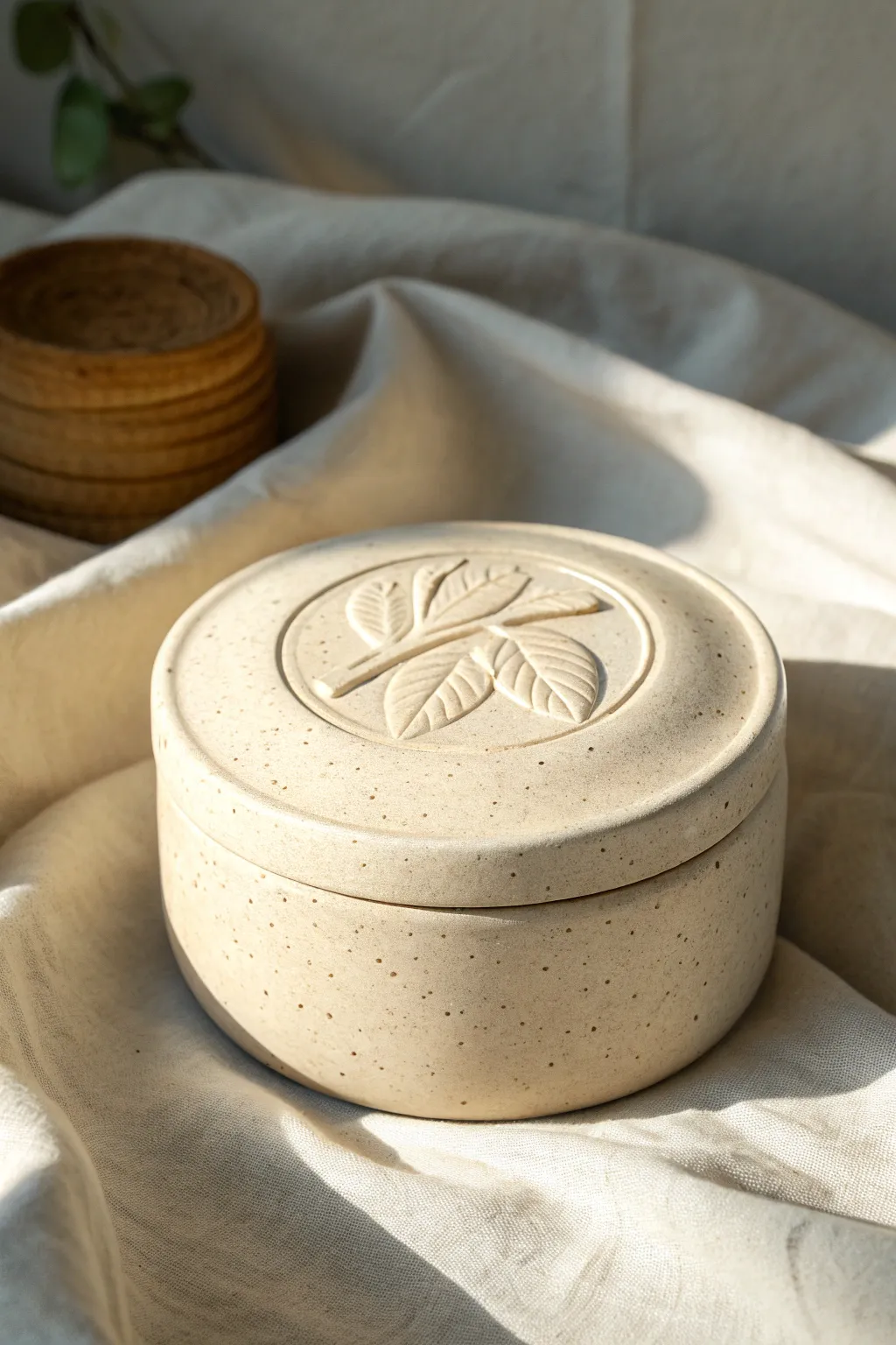 Minimal clay box with a raised medallion lid, soft shadows, and natural handmade texture.