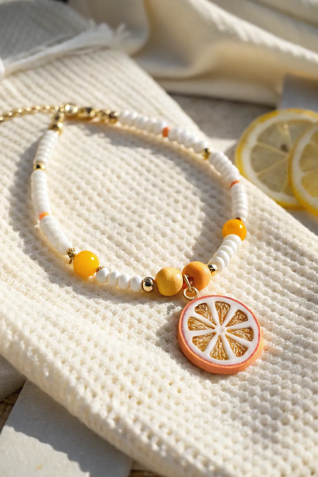 Sunny fruit-slice clay charm bracelet with white heishi beads on a soft towel backdrop
