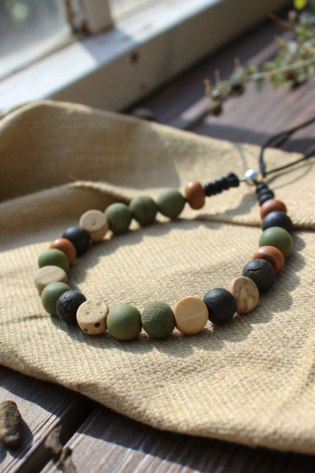 Rugged-cool camo clay disc bracelet in olive, tan, brown and black for an easy DIY win.