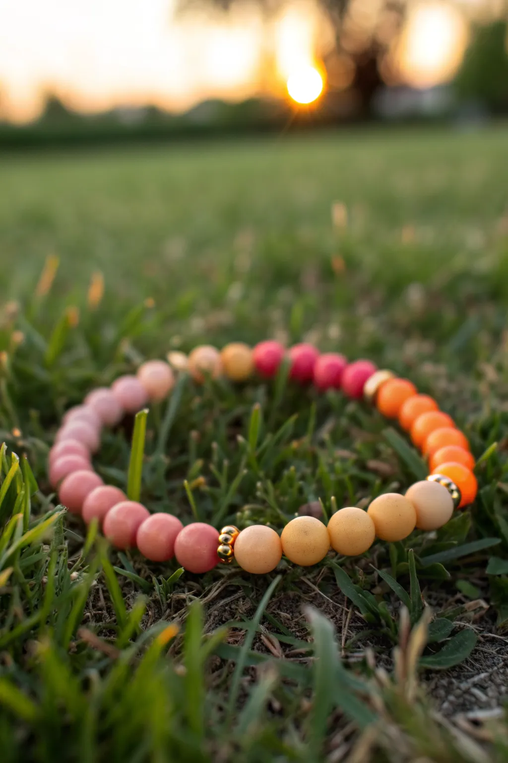 Sunset ombre clay bracelet with warm coral to yellow beads and gold spacers, summer glow.