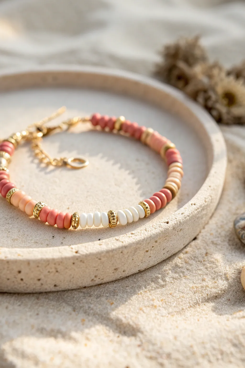 Clay discs with gold spacer beads glowing in golden-hour light, a simple summer bracelet idea