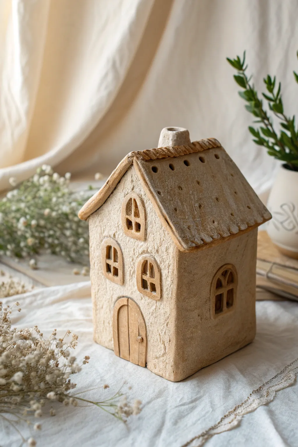 Wonky cottage clay house with curved walls, tiny door and windows, charmingly imperfect.