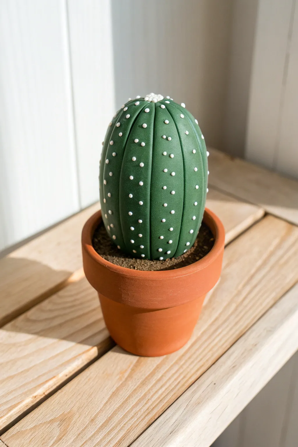 Deep green clay cactus with crisp white spine dots, styled simply for clean contrast