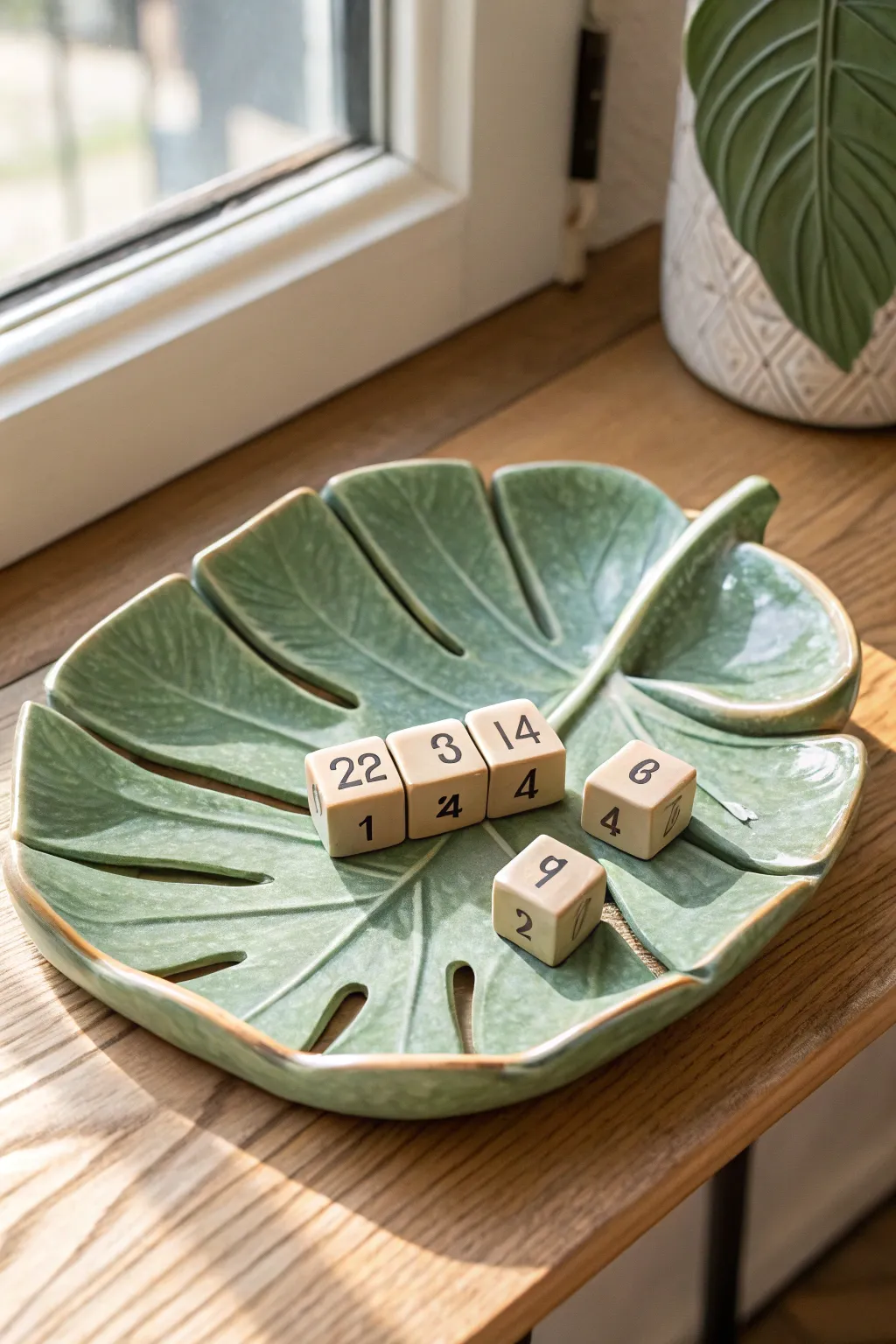Monstera leaf desktop calendar tray with tiny date blocks, a fresh minimal clay accent.