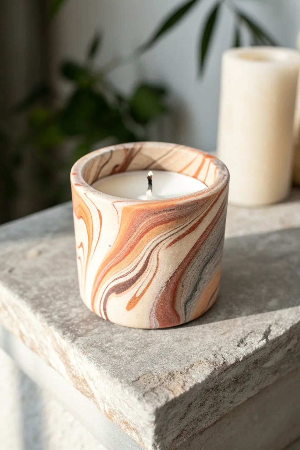 Satin marbled polymer clay tea light holder in warm neutrals, minimalist and boho-elegant.