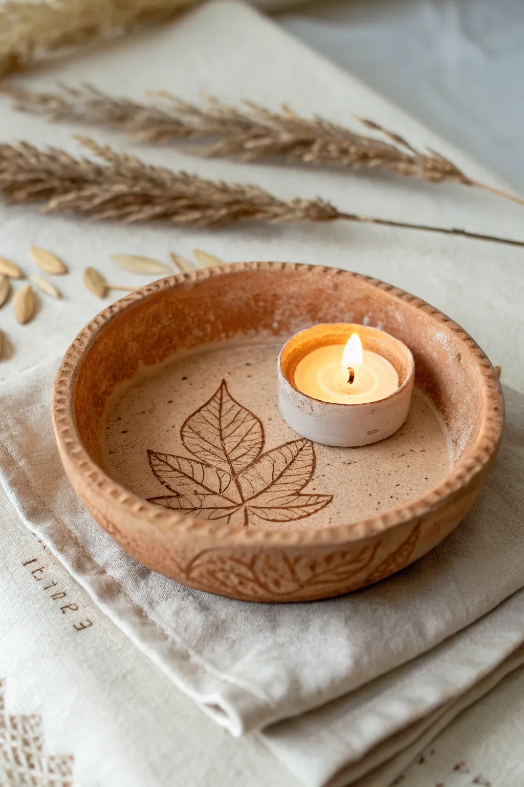 Leaf-imprint clay tea light dish glowing softly, minimalist Scandinavian style with a boho warmth