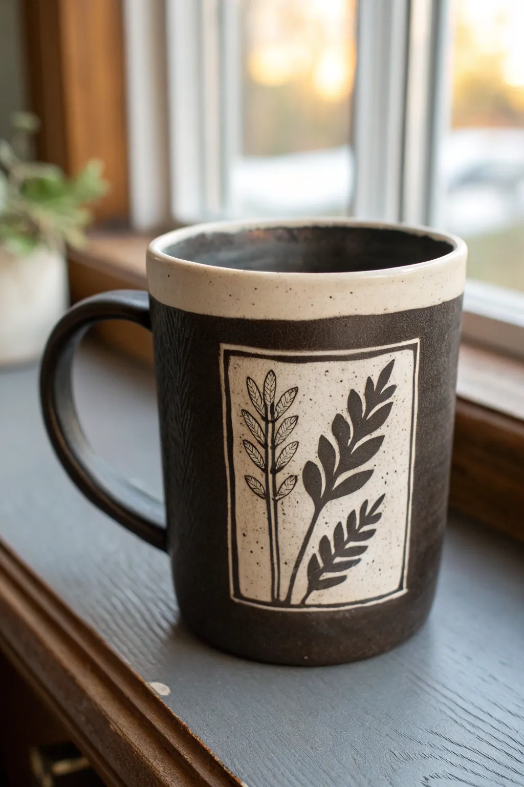 High-contrast sgraffito mug with a simple botanical silhouette panel, clean and craft-forward