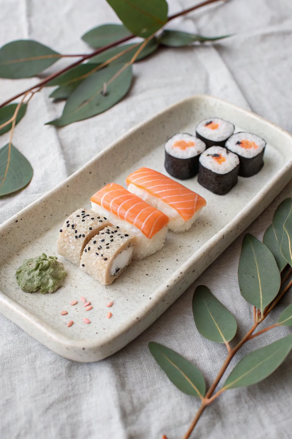 Chunky clay sushi set on a minimalist plate, simple stripes and sesame dots for an easy finish.
