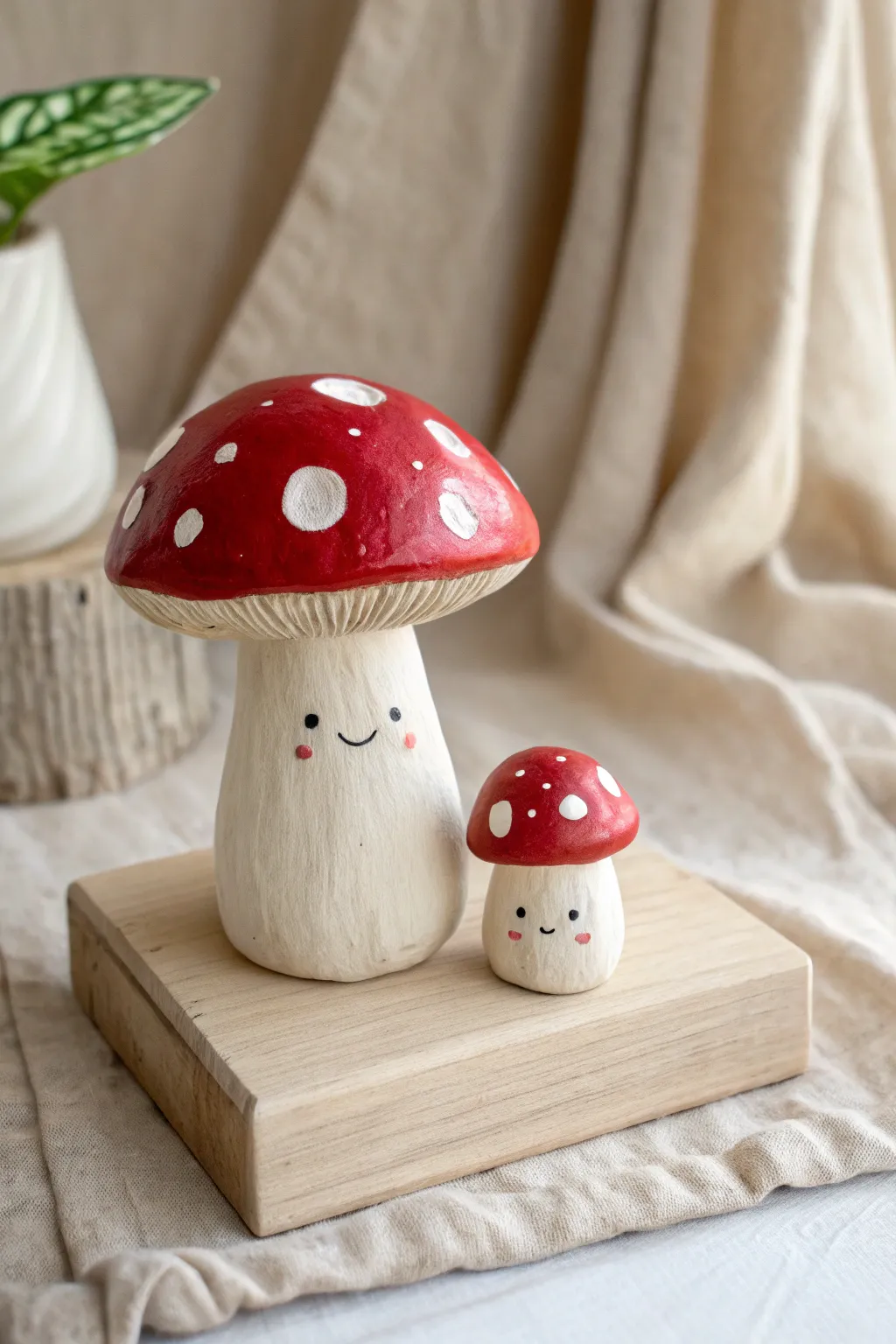 Cute spotty mushroom clay duo in minimalist Scandinavian styling, perfect whimsical character idea