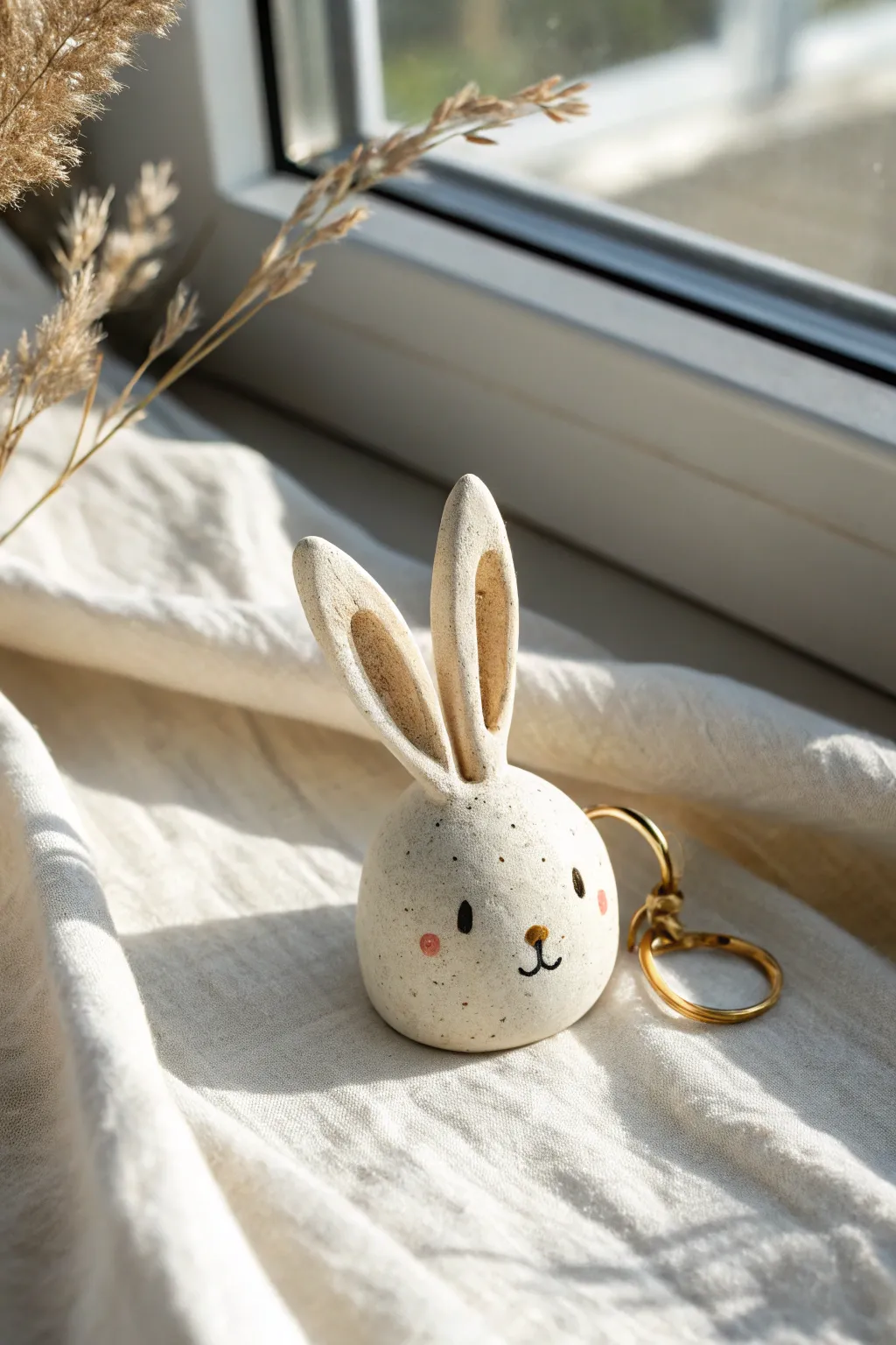 Sweet minimalist clay bunny charm with long ears, styled on soft linen for cozy boho vibes.