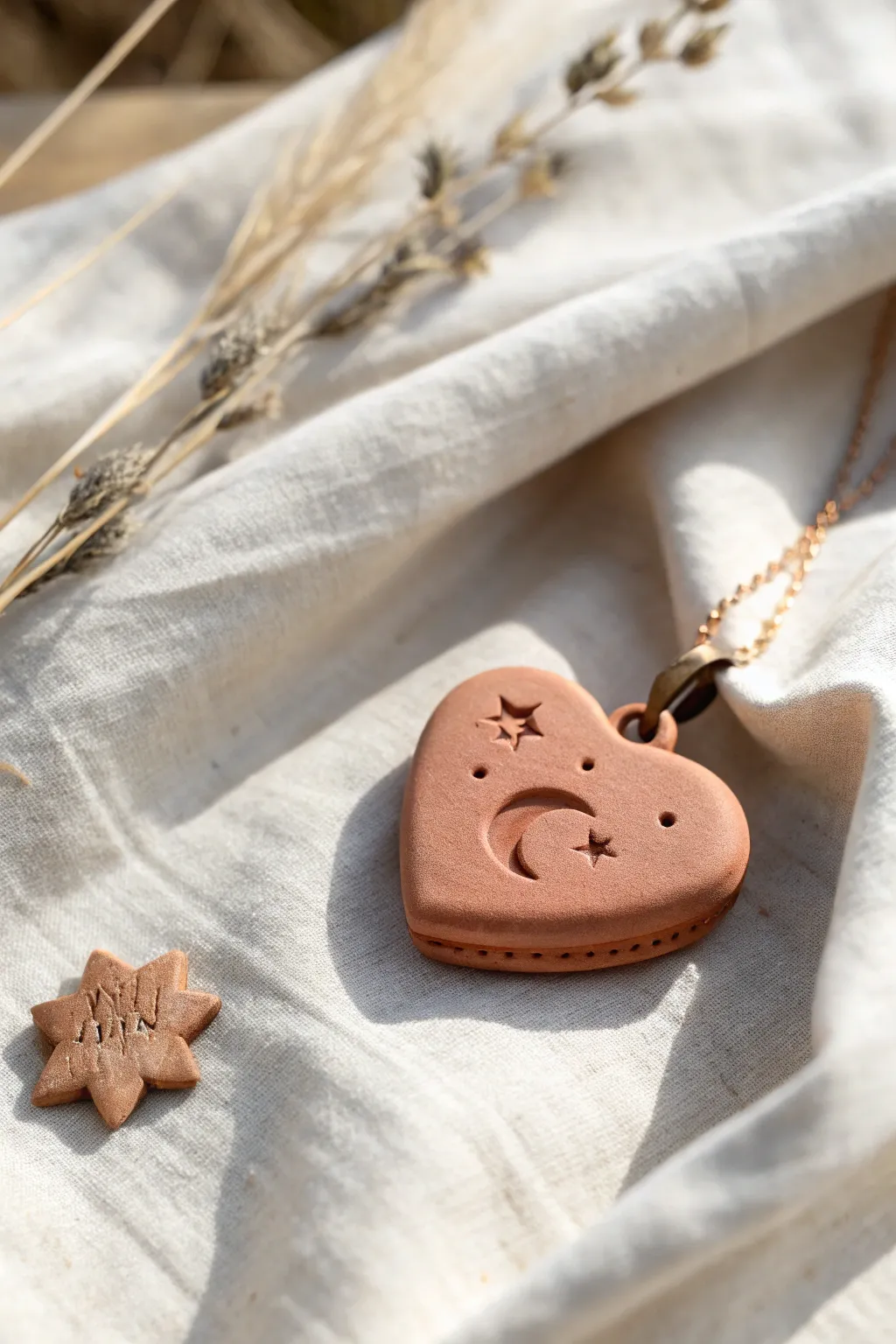 Sweet mini heart locket charm, softly opened to reveal tiny stamped symbols on linen.