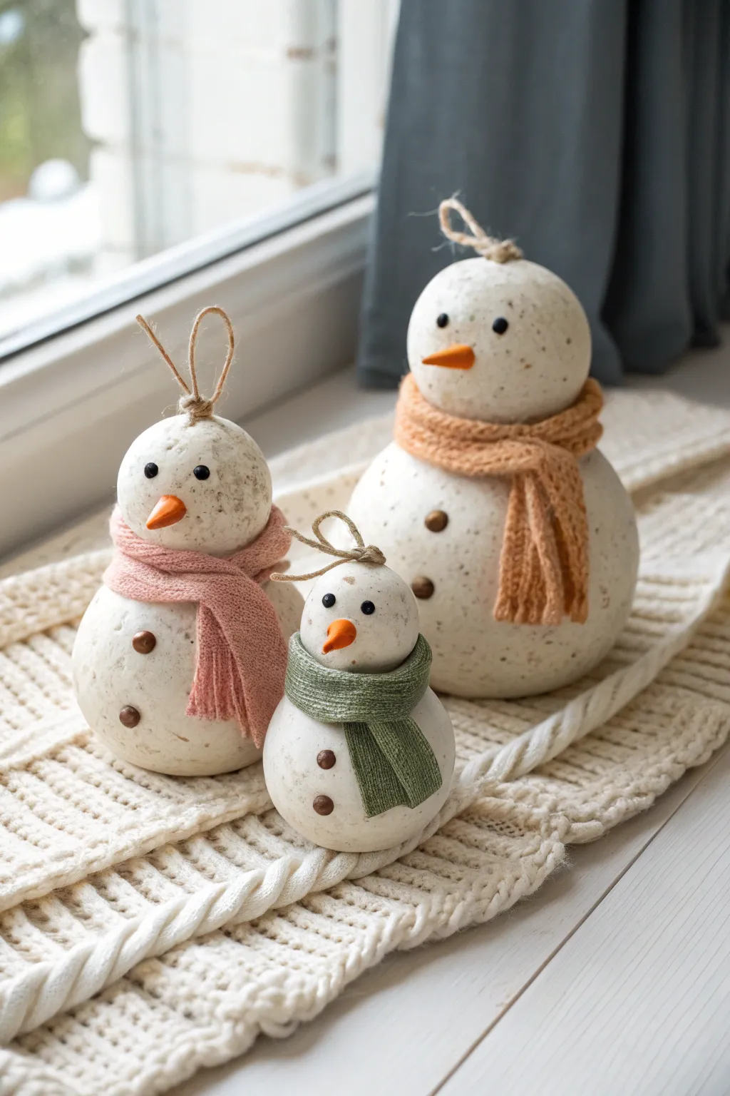 Minimal clay snowman family ornaments with soft scarves on cozy knit, simple and festive