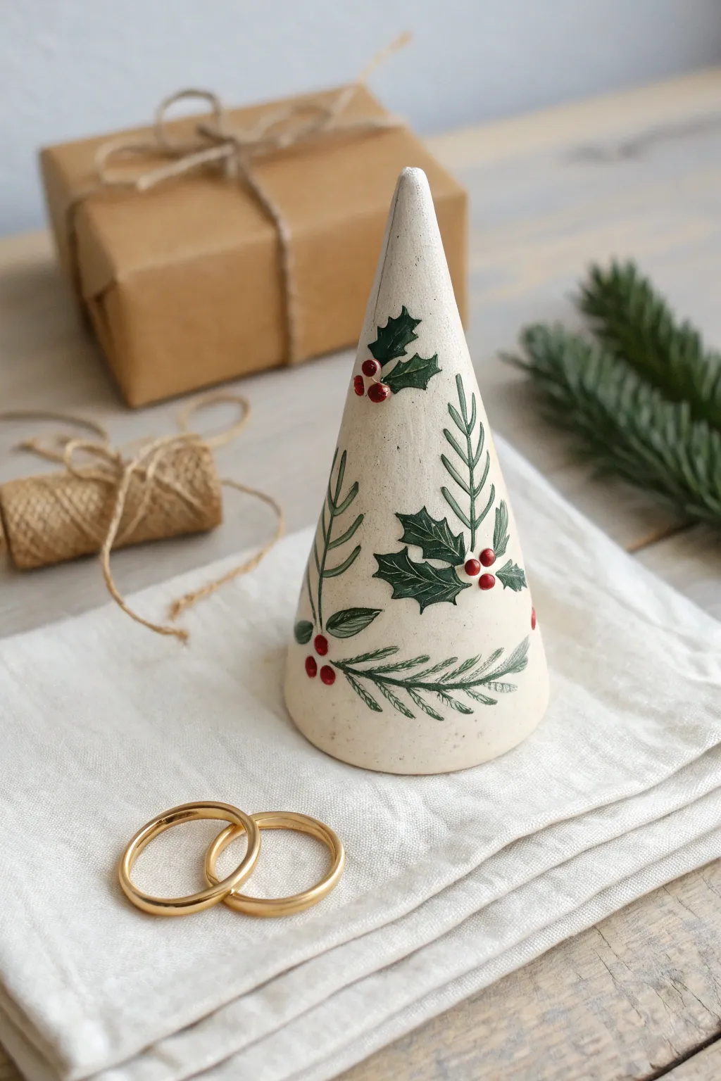 Holly berry ring cone holder: a charming clay gift idea with minimalist holiday charm