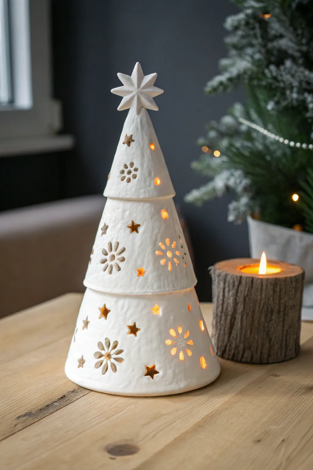 Minimalist white clay tree luminary with star and snowflake cutouts glowing warmly for Christmas.
