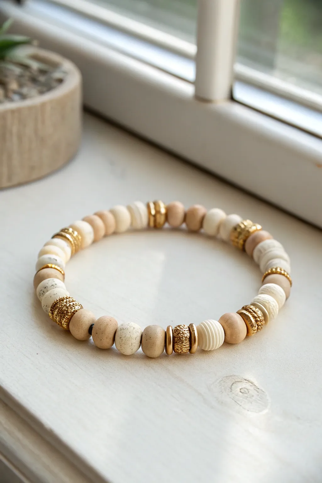 Neutral clay heishi bracelet with luxe metallic spacers, minimalist-boho and effortlessly chic.