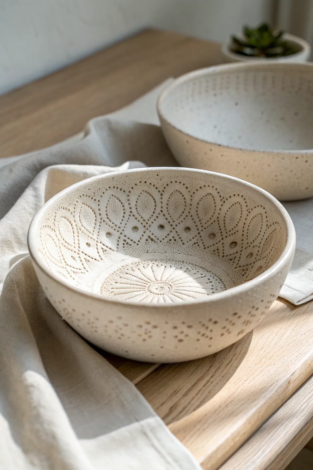 Lace-imprinted clay bowl with crisp texture and soft Scandinavian styling for easy DIY pottery inspiration.