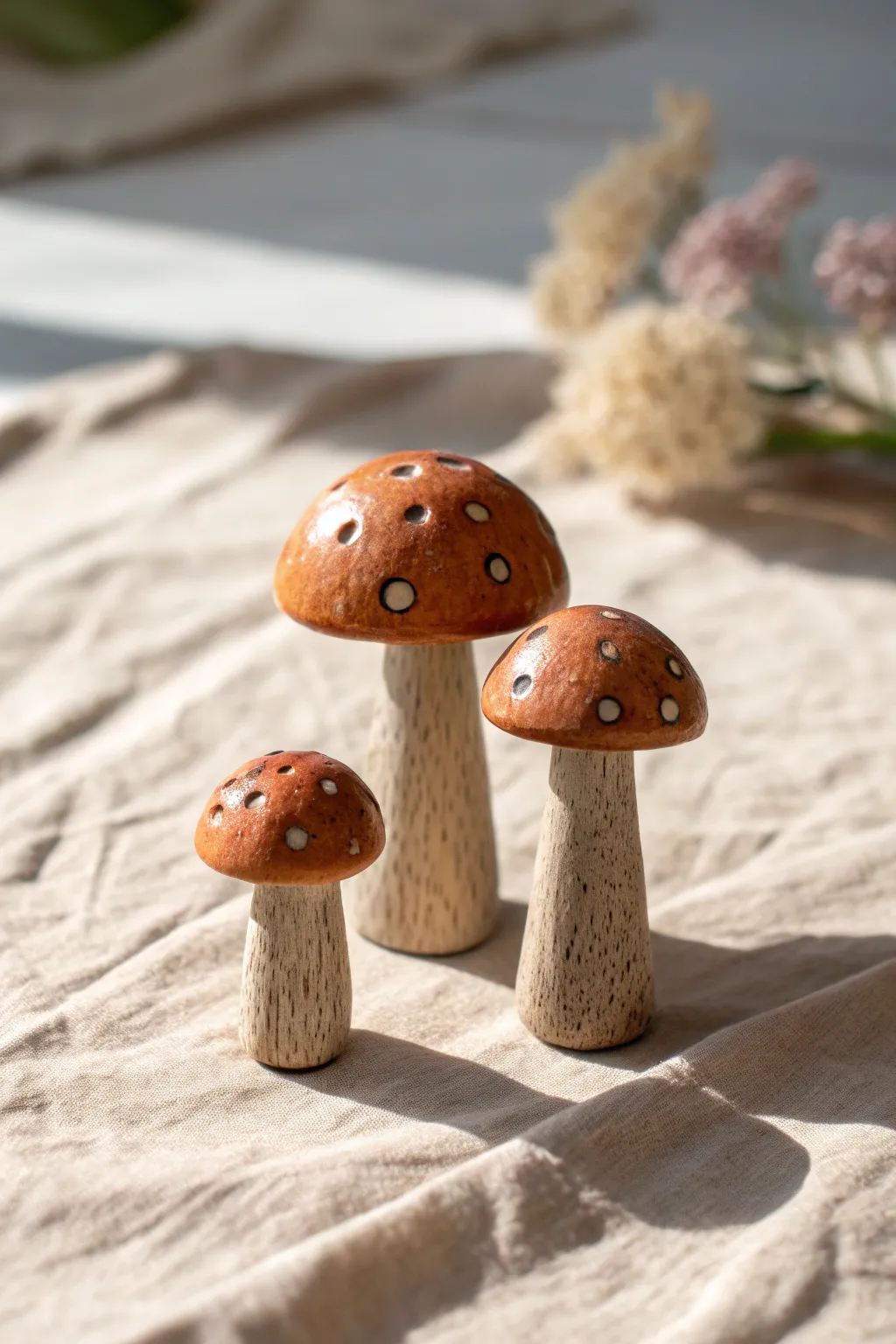 A charming trio of speckled clay mushrooms, styled like a tiny minimalist forest scene