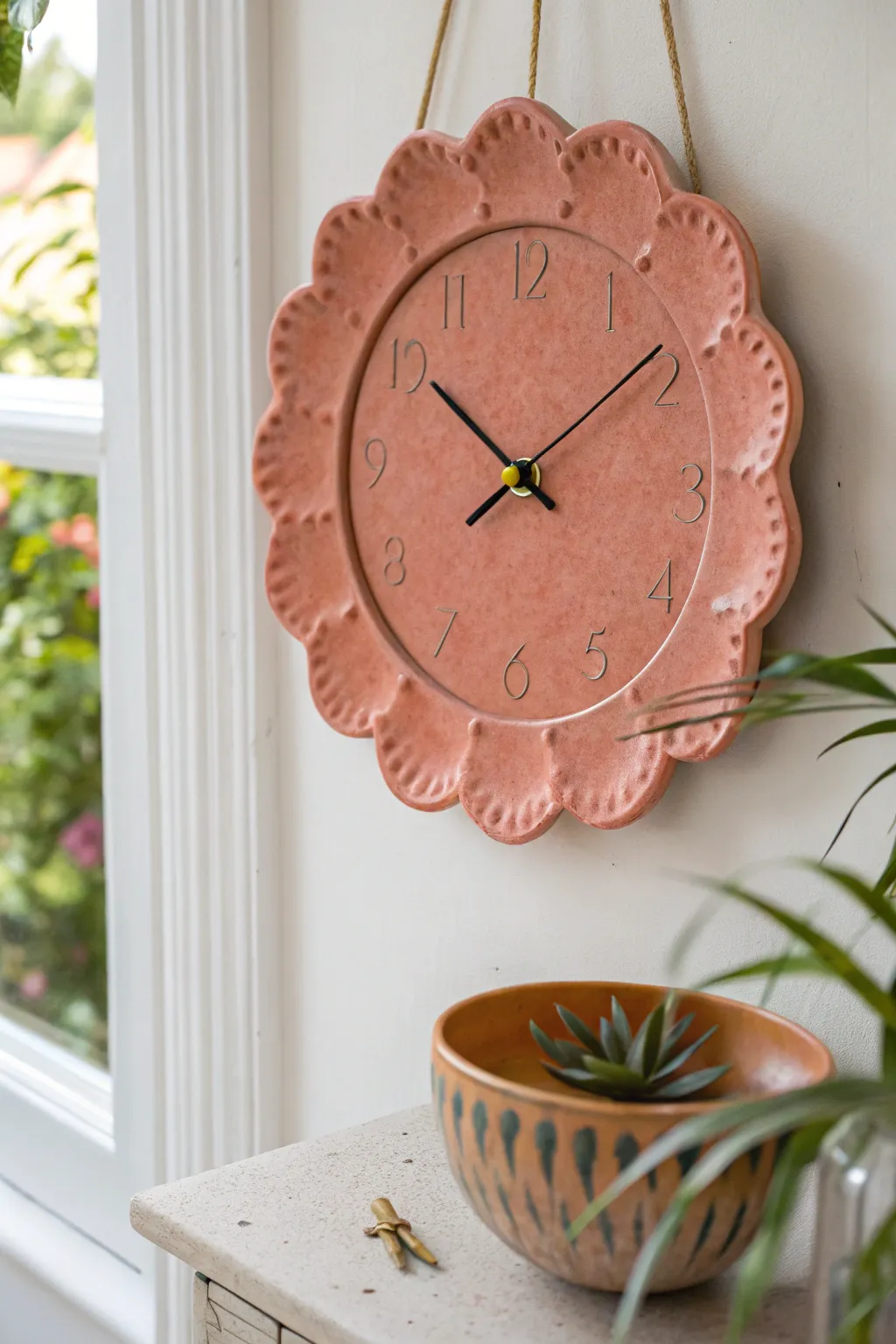 Scalloped flower-shaped clay clock in matte coral with brass hands, minimal and beautifully handmade