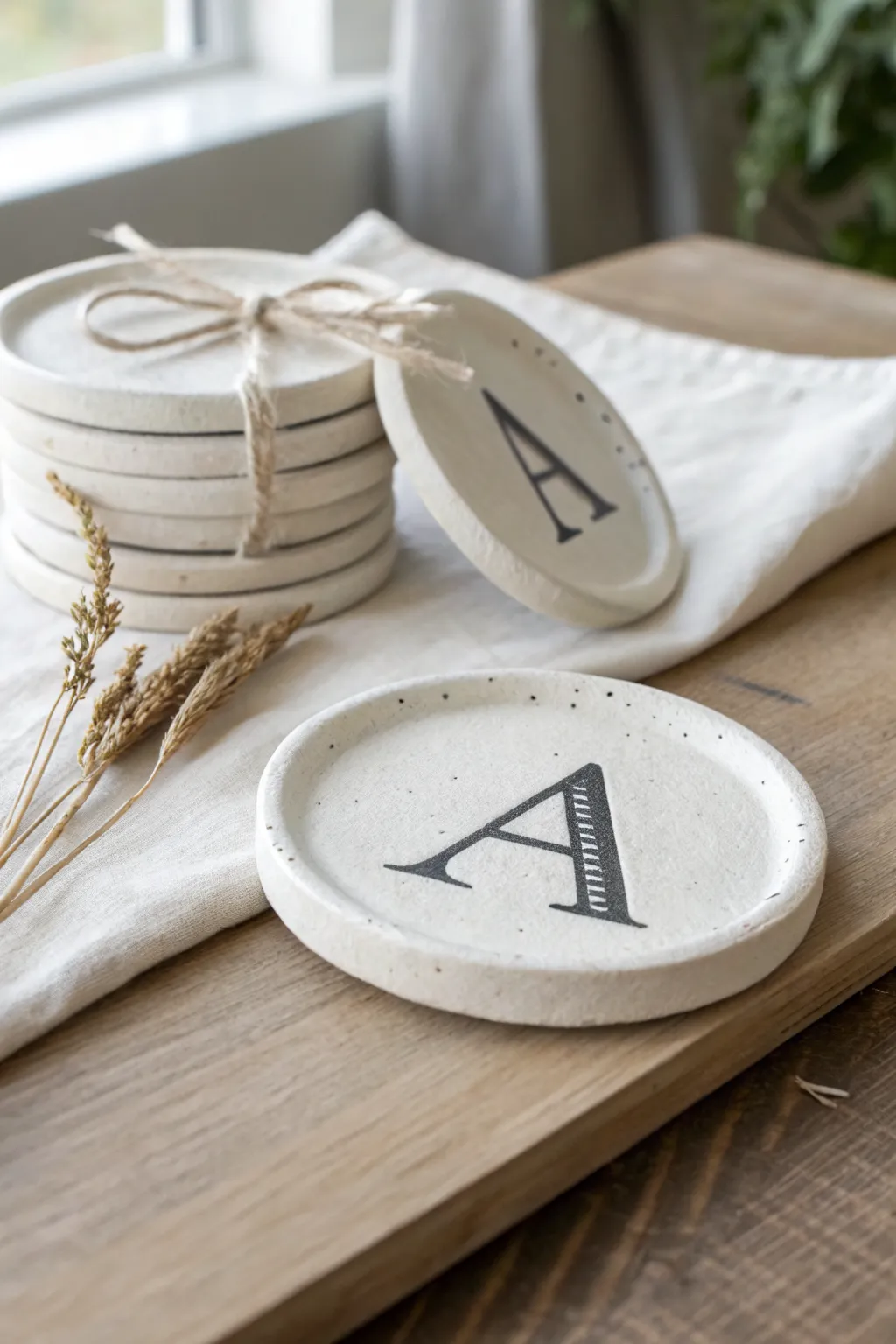 Minimal monogram clay coasters with bold charcoal inlay, styled as a cozy handmade gift set