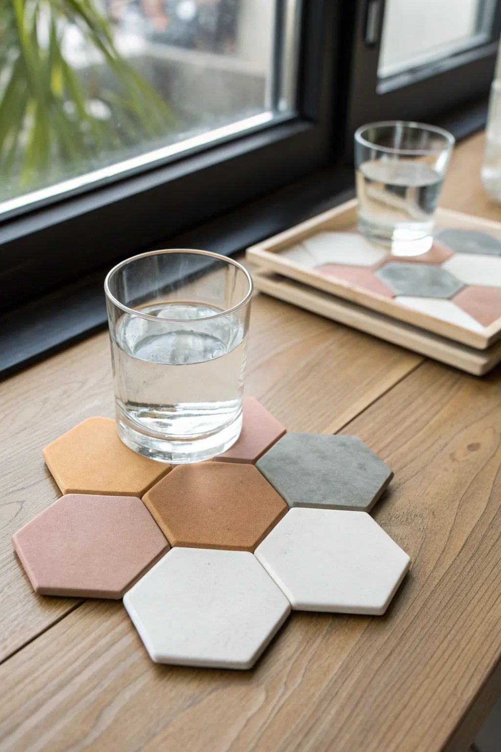 Modern hexagon clay coasters in soft neutrals, honeycomb layout with one chilled drink.