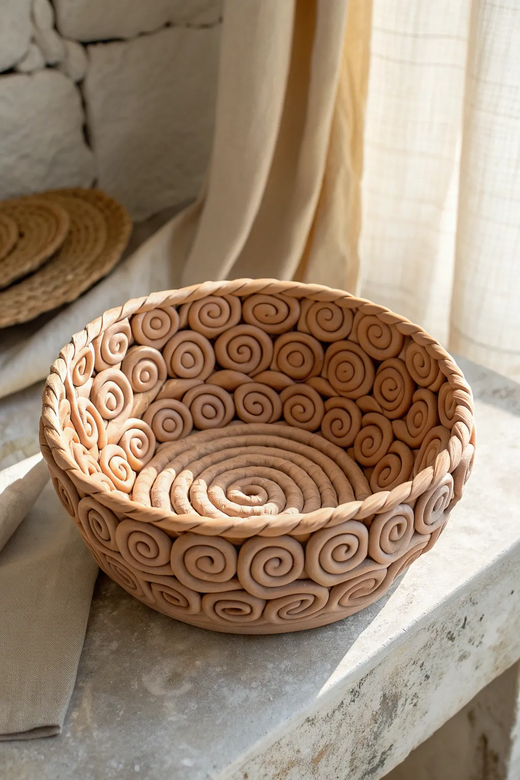 S-scroll coil mosaic bowl in soft Scandinavian tones, with every swirl crisply defined by light.