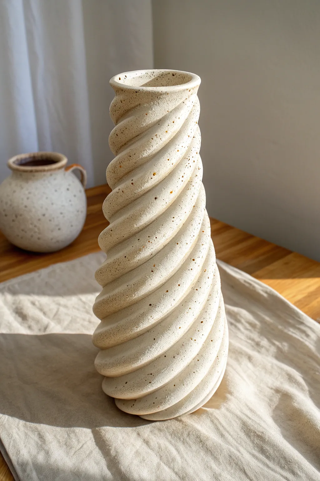 Twisted helix coil vase in soft neutrals, sculptural spiral shadows, minimalist boho calm.