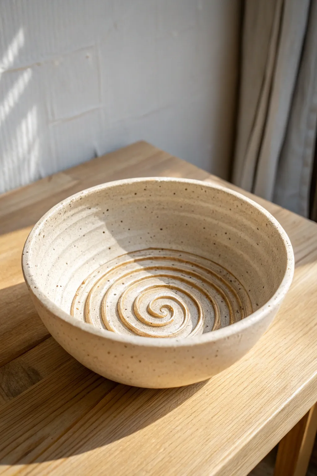A shallow coil bowl with a crisp spiral base, minimalist lines, and warm natural texture.