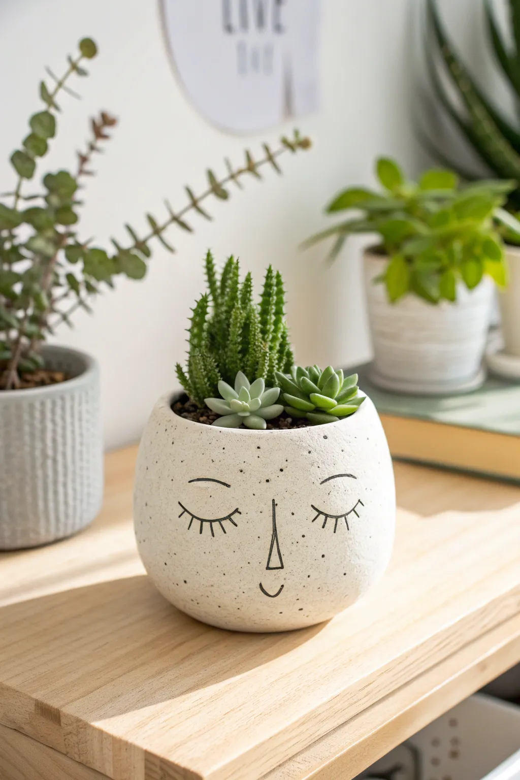 Minimal line face planter with succulent hair, Scandinavian calm with a soft boho touch