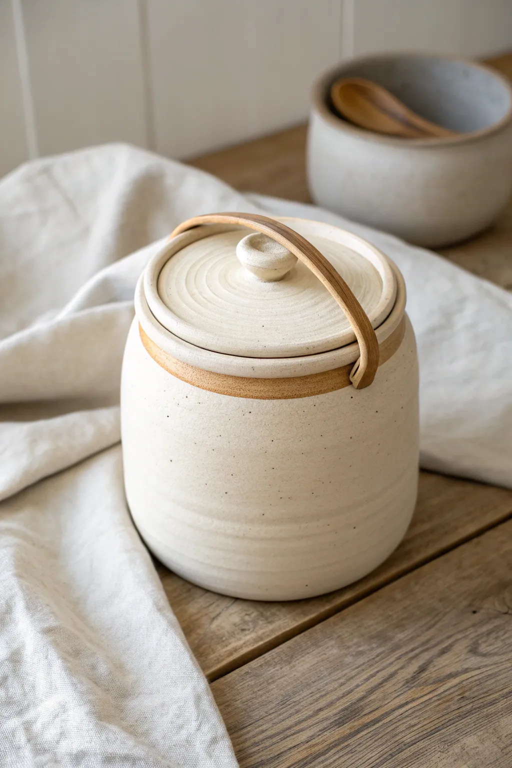 Minimal round jar with a smooth loop-handle lid for a clean, modern handmade finish