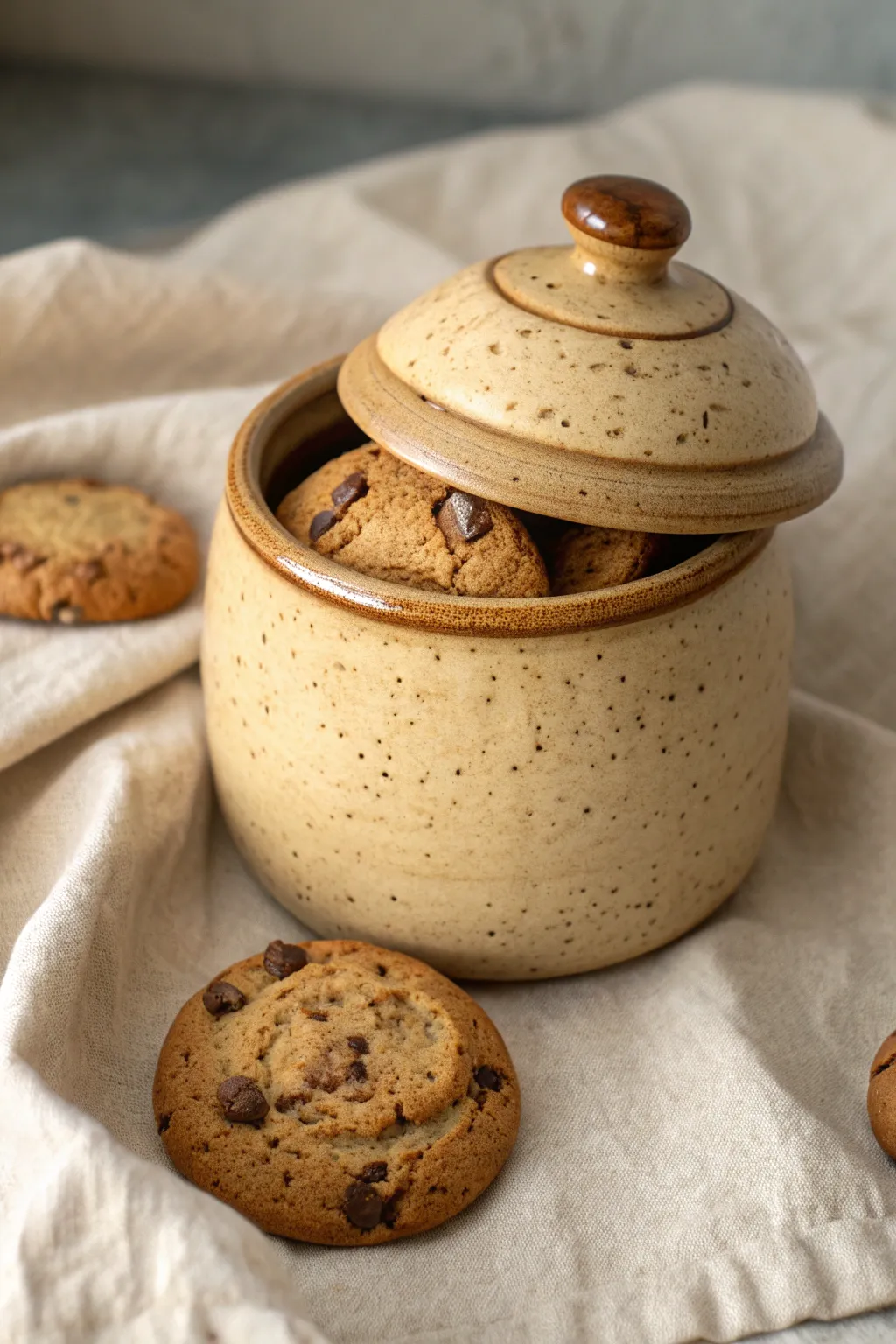 Crumbly cookie-texture jar in warm tan with chip speckles, minimalist and cozy.