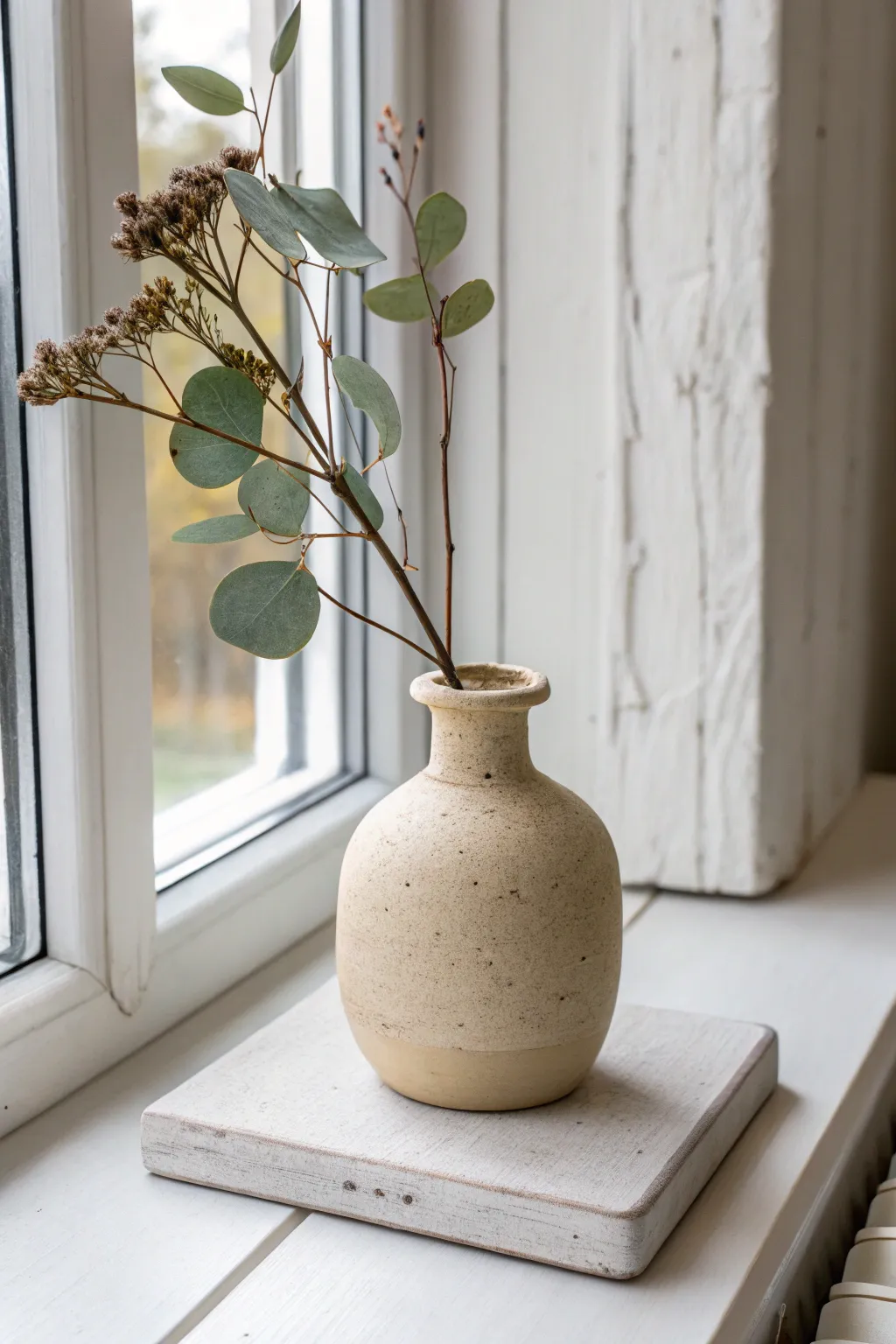 Tiny magnet clay bud vase with a single stem, minimalist Scandinavian style with soft boho warmth