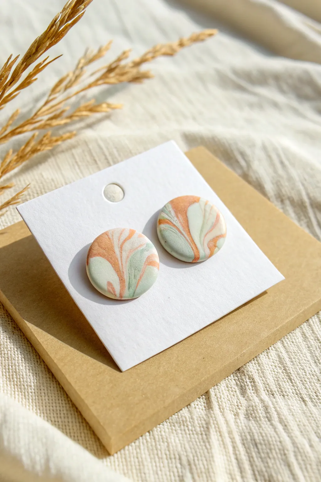 Beginner-friendly marbled polymer clay studs with soft neutral swirls, minimal and handmade.