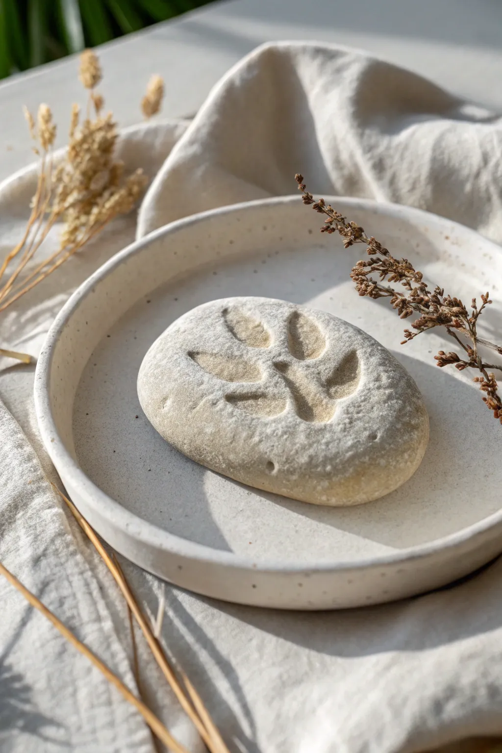 Stone style clay fossil with dinosaur footprint impression, softly painted to reveal texture.