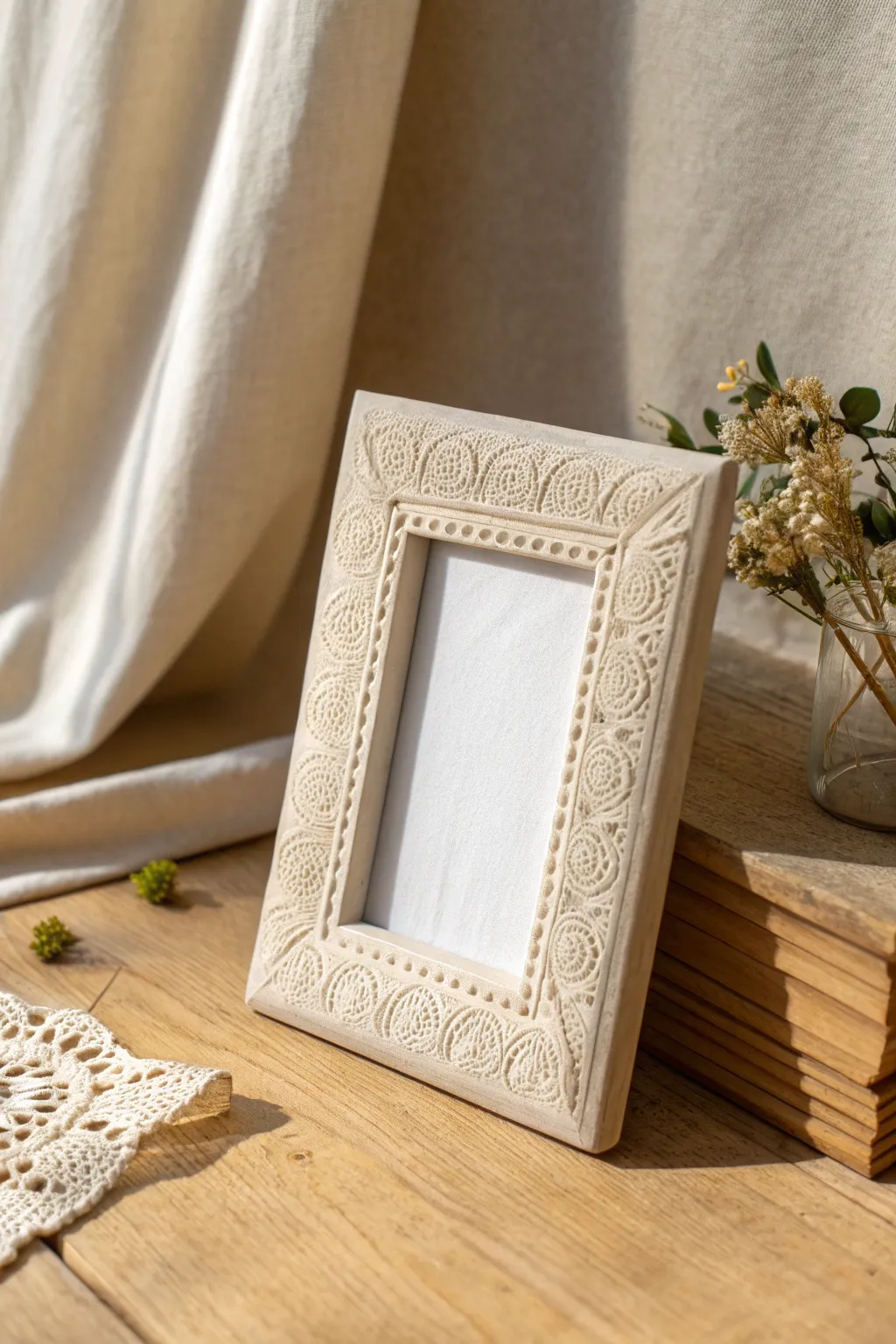 Minimal clay photo frame with pressed texture imprint, soft neutral styling and warm contrast