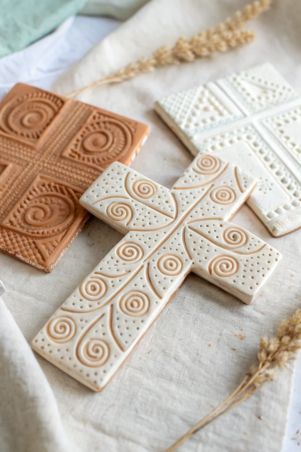 Stamped clay cross tiles in soft neutrals, minimalist and boho, perfect for a handmade wall set.