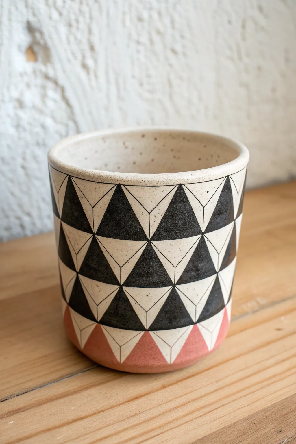 Crisp triangle patterns in black, white, and blush create a bold yet minimalist painted clay cup.