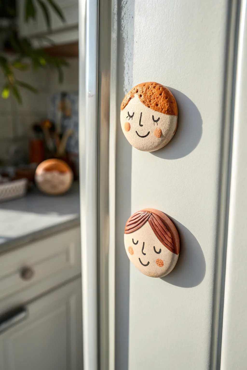 Mini clay portrait fridge magnets for two—sweet, simple date night craft with cozy minimalist vibes.