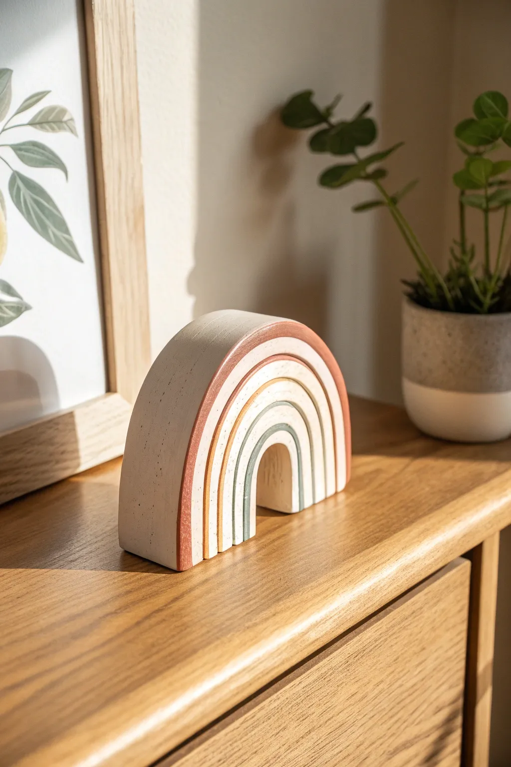 Chunky clay rainbow arch in clean stripes, a simple Scandinavian-boho desk accent.