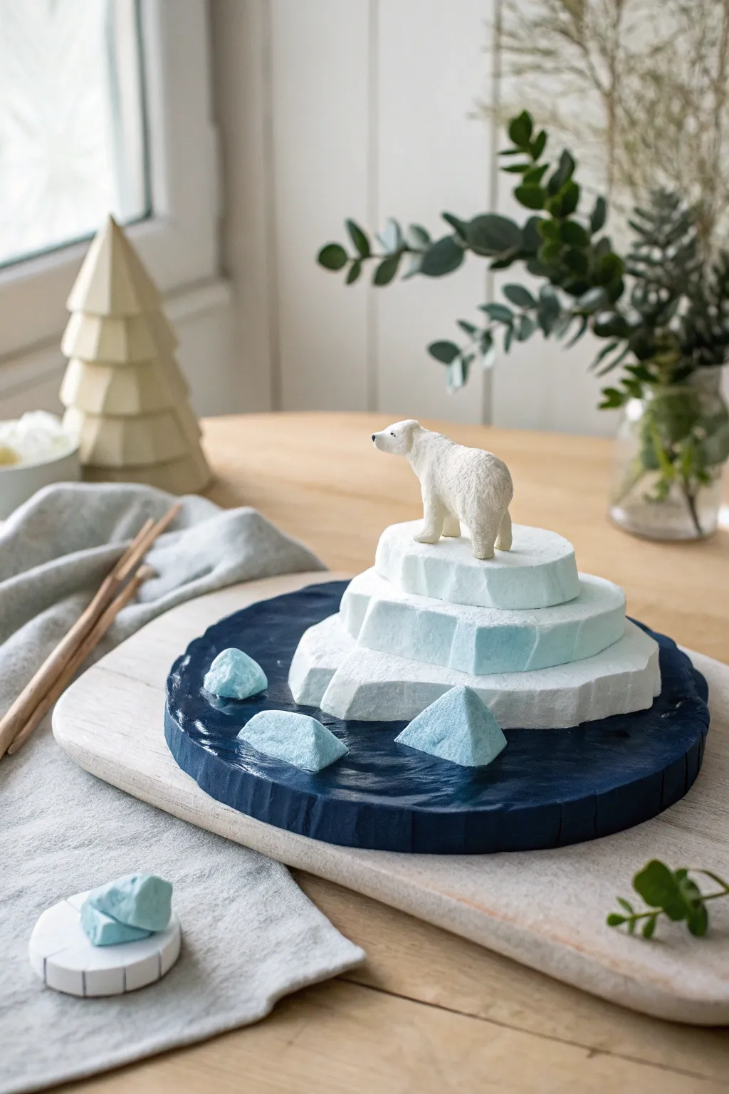 Minimal arctic ice floe clay diorama with serene blues, dark water, and a tiny polar bear.