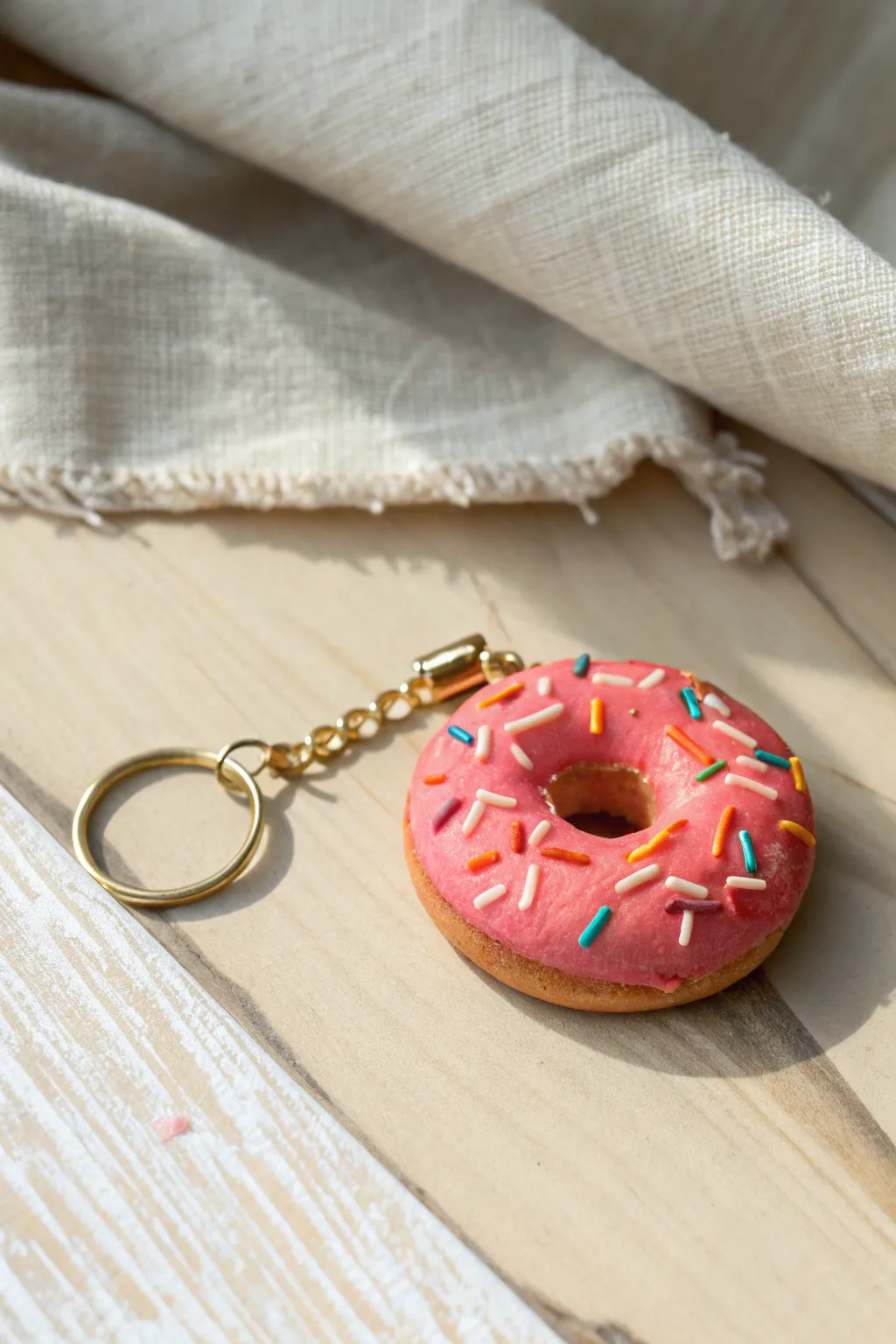 Bold clay donut keychain topper with playful sprinkles, minimalist boho charm for bags