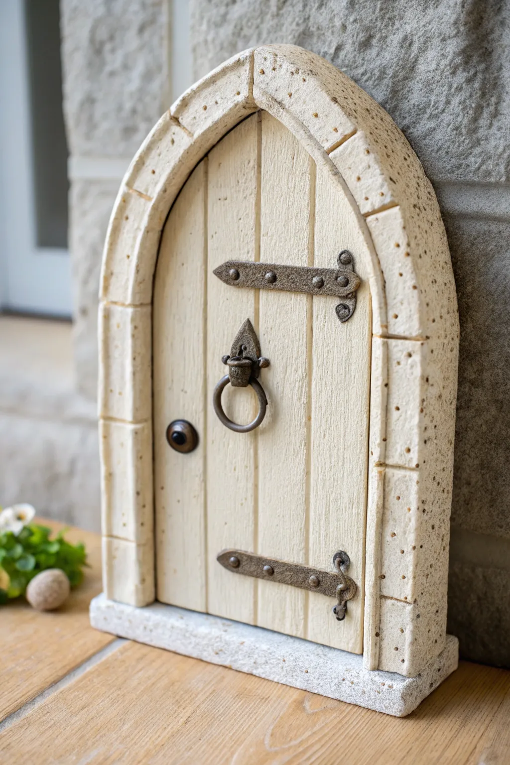 Close-up clay fairy door with raised hinges, ring knocker, and tiny keyhole in metallic accents